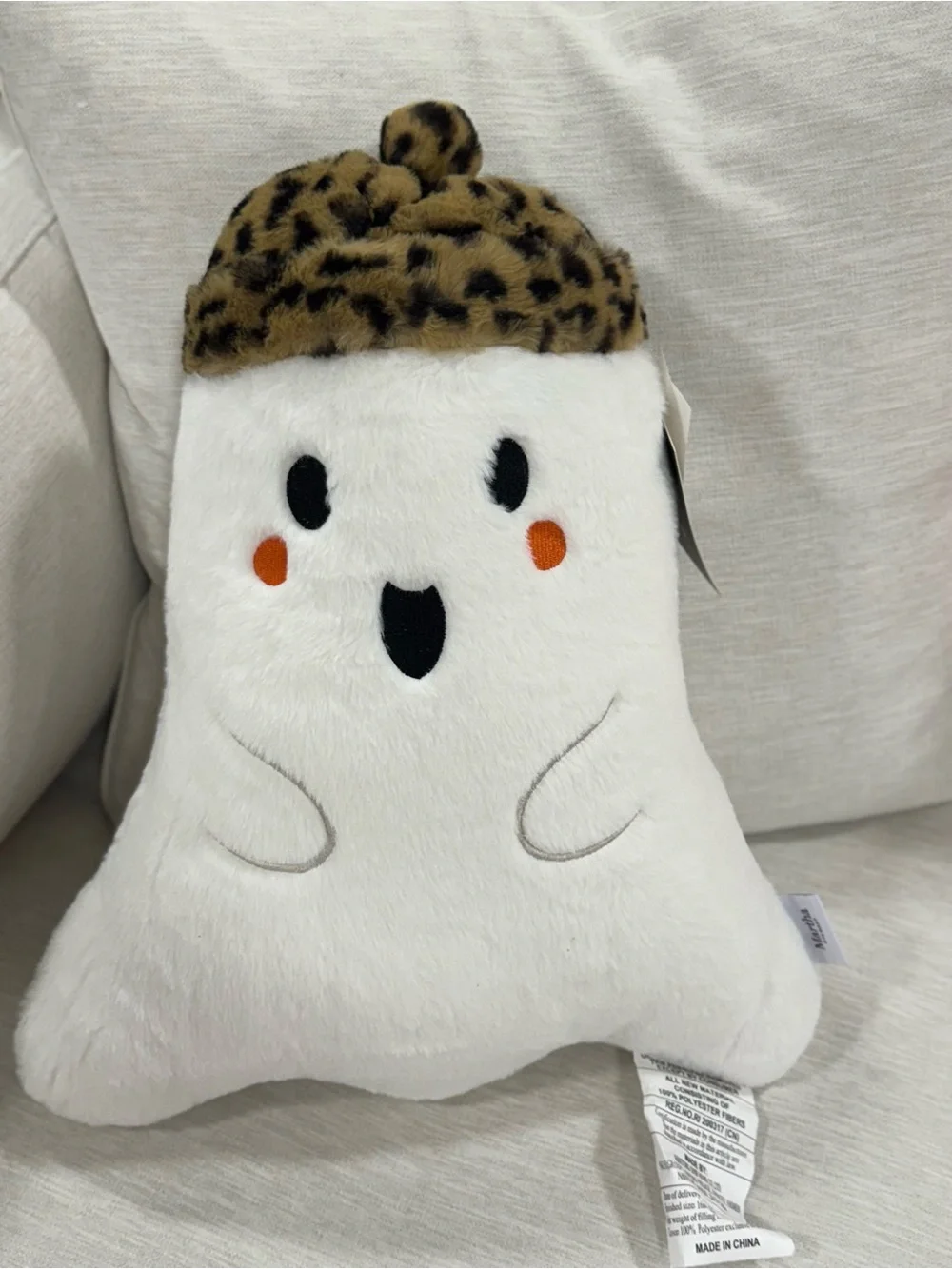 2 Martha stewartWhite Ghost Accent Pillow with Leopard Beanie - Cute Home Accent